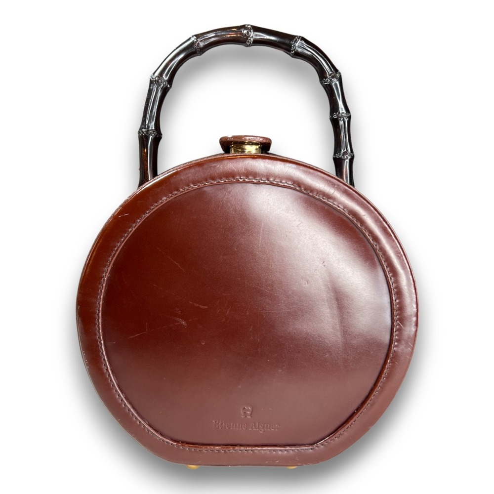 Vintage Etienne Aigner Round Leather Handbag Bamboo Handle 80s 90s